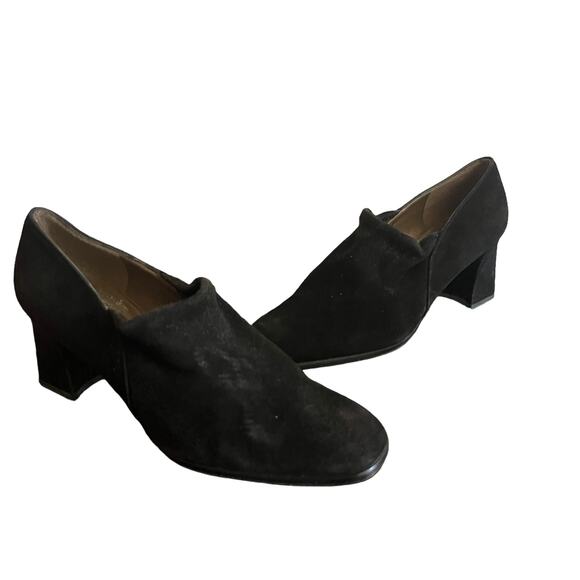 Stuart Weitzman VTG Black Sock Style Suede Leather Chunky Block Heels Pumps 8B - Picture 1 of 12